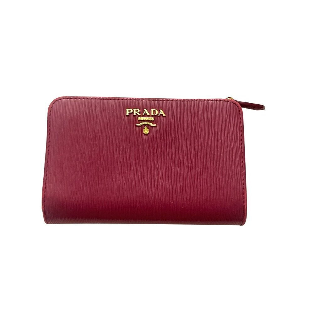 Prada Red Epi Leather Compact Wallet With Gold-Tone Zip & Snap Closure